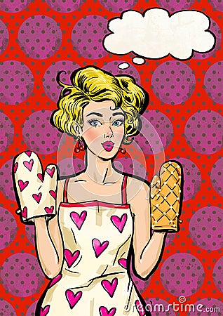 Pop Art girl in apron and oven mitts with the speech bubble. Stock Photo