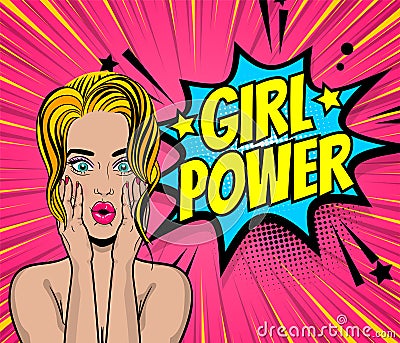 Pop art girl cosmetic wow face girl power Vector Illustration