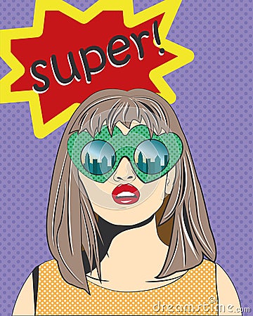 Pop art girl in glasses with text 'Oops' Vector Illustration