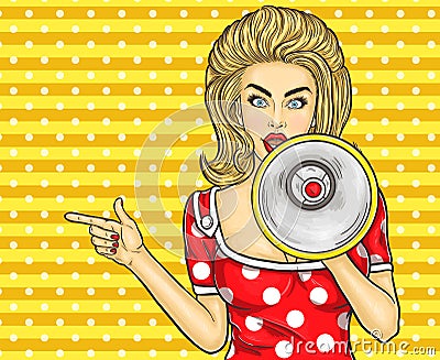 Pop art girl with megaphone Cartoon Illustration