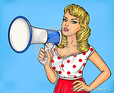 Pop art girl with megaphone Vector Illustration