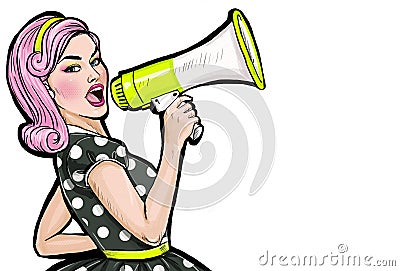 Pop art girl with megaphone. Woman with loudspeaker. Stock Photo