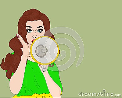 Pop art girl with megaphone. Woman with loudspeaker.Girl announcing discount or sale.Shopping time Vector Illustration