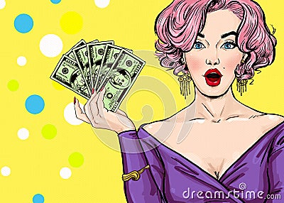 Pop Art girl with the money. Pop Art girl. Birthday greeting card. Hollywood movie star. Vintage advertising poster. Fashion woman Stock Photo