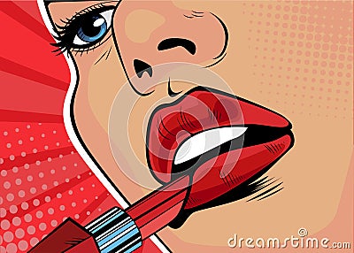 Pop art Girl paints her lips with red lipstick. The beauty of the face, makeup Vector Illustration