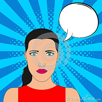 Pop art girl portrait with blank speech bubble. Comic female at sunburst background with dot halftone effect. Vector. Vector Illustration