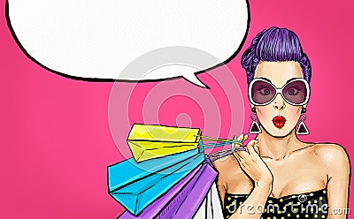 Pop Art girl with shopping bags. Comic woman. girl. Stock Photo