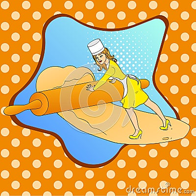 Pop art girl small. Women working in her confectionery, roll out the dough with a rolling pin. Raster imitation comic Cartoon Illustration
