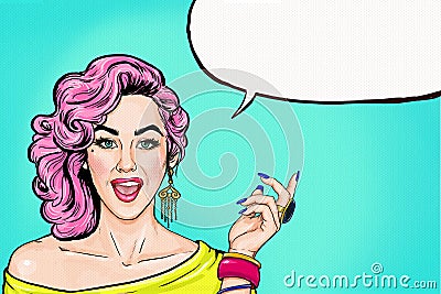 Pop Art girl with speech bubble. Party invitation. Birthday card. advising, movie star. Comic woman. girl. Sale Stock Photo