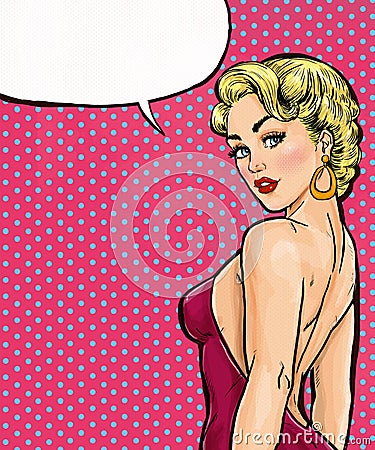 Pop Art girl with the speech bubble. Pop Art background. Party invitation. Birthday card. Comic woman. girl. Stock Photo