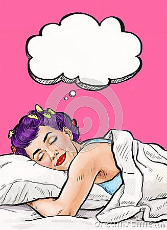 Pop Art girl with thought bubble. Party invitation. Birthday card. Hollywood, movie star. Com.Gossip girl. Red cheeks Stock Photo