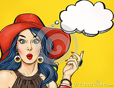 Pop Art girl with thought bubble. Party invitation. Birthday card. Hollywood, movie star. Comic woman. Stock Photo