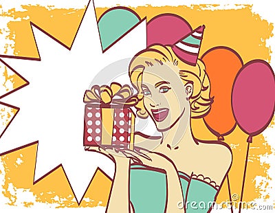 Pop Art girl with thought bubble. Party invitation. Birthday card. Hollywood, movie star. Comic woman. girl. Sale Vector Illustration