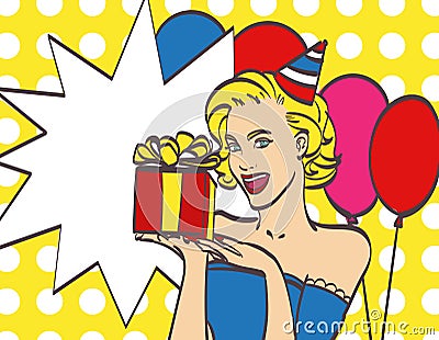 Pop Art girl with thought bubble. Party invitation. Vector Illustration