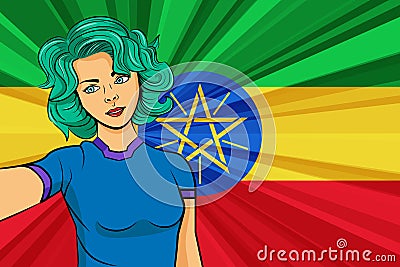 Pop art girl with unicorn color hair style. Young fan girl makes selfie before the national flag of Ethiopia. Vector sport illustr Cartoon Illustration