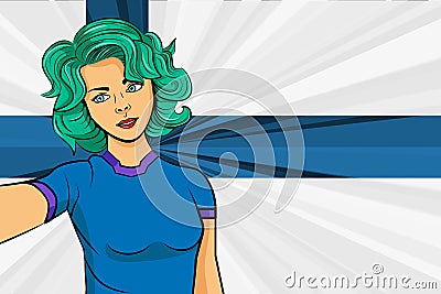 Pop art girl with unicorn color hair style. Young fan girl makes selfie before the national flag of Finland. Vector sport illustra Cartoon Illustration