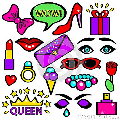 Pop Art Girlish Fashion Sticker Color Set. Vector Vector Illustration