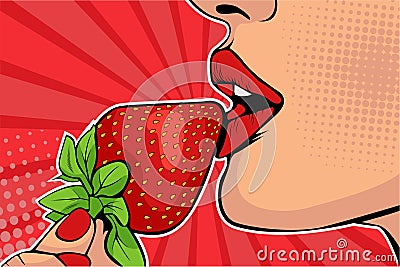 Pop art Girls lips with strawberry. Woman eating healthy food. Erotic fantasy. Vector Illustration