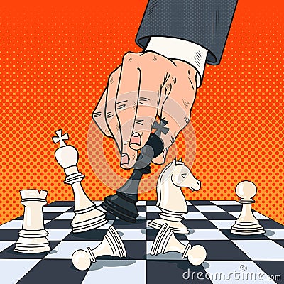 Pop Art Hand of Businessman Holding Chess Figure Vector Illustration