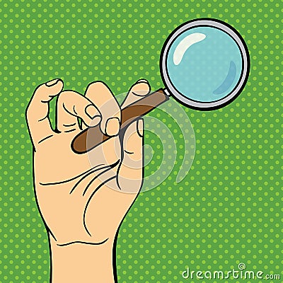 Pop art hand magnifying glass vector illustration. Vector Illustration