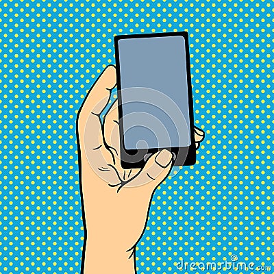 Pop art hand with phone vector illustration. Vector Illustration