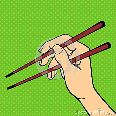 Pop art hand with sushi chopsticks vector illustration. Vector Illustration