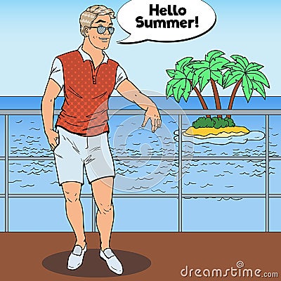 Pop Art Handsome Guy Relaxing on Private Yacht. Tropical Beach Vacation Vector Illustration