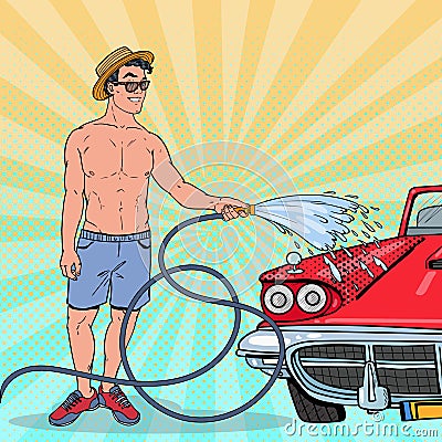 Pop Art Handsome Guy Washing His Classic Car Vector Illustration