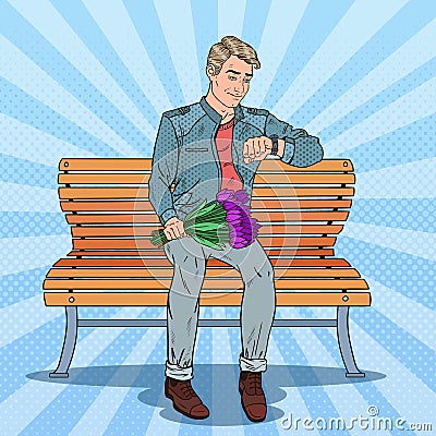 Pop Art Handsome Man with Bouquet of Flowers Waiting for Girlfriend Vector Illustration