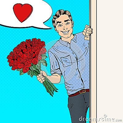 Pop Art Handsome Man with Flowers Bouquet Roses Vector Illustration