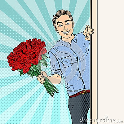 Pop Art Handsome Man with Flowers Bouquet Roses Vector Illustration