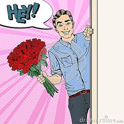 Pop Art Handsome Man with Flowers Bouquet Roses Vector Illustration