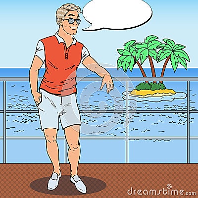 Pop Art Handsome Man Relaxing on Private Yacht. Tropical Beach Vacation Vector Illustration