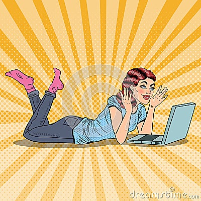 Pop Art Happy Beautiful Woman with Laptop at Home Vector Illustration