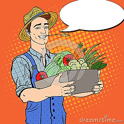 Pop Art Happy Farmer Holding Basket with Fresh Vegetables Vector Illustration