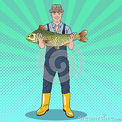 Pop Art Happy Fisherman Holding Big Fish. Good Catch Vector Illustration