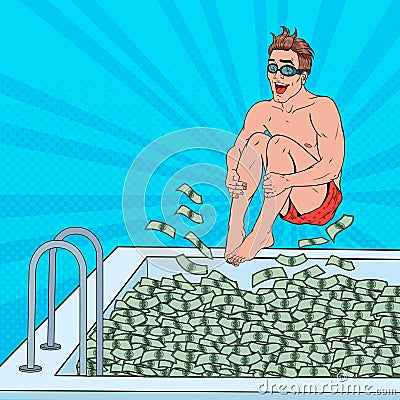 Pop Art Happy Man Jumping to the Pool of Money. Successful Businessman. Financial Success, Wealth Concept Vector Illustration