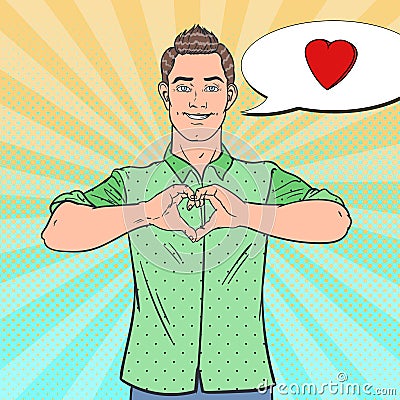 Pop Art Happy Man Showing Heart Hand Sign. Love Comic Style Background Vector Illustration