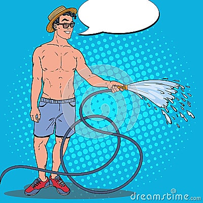 Pop Art Happy Man Watering with Garden Hose Vector Illustration