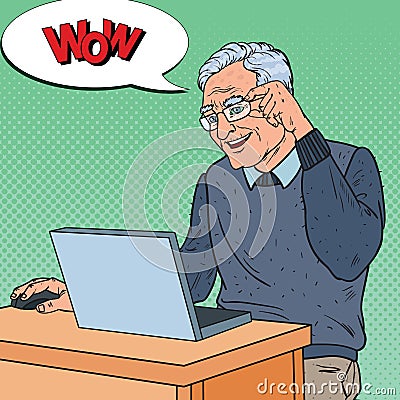 Pop Art Happy Senior Man Working with Laptop. Communication Concept Vector Illustration