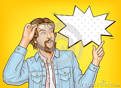 Bearded hipster man with wow face expression. Vector Illustration