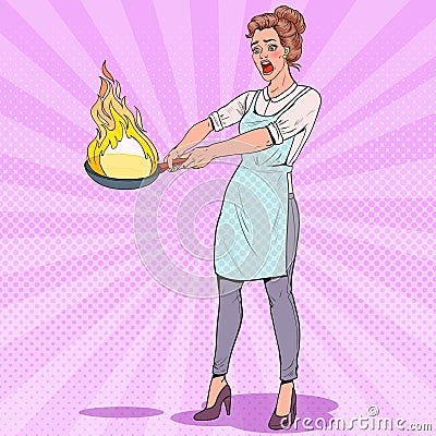 Pop Art Housewife in the Kitchen Holding Pan. Afraid Young Woman in Apron Cooking with Burning Pan Vector Illustration
