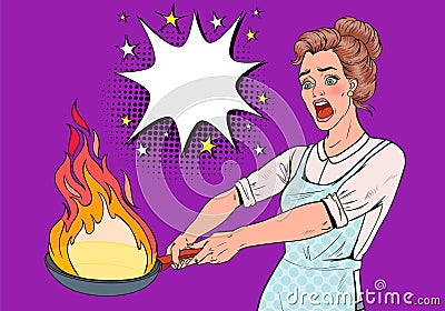 Pop Art Housewife in the Kitchen Holding Pan. Afraid Young Woman in Apron Cooking with Burning Pan Vector Illustration