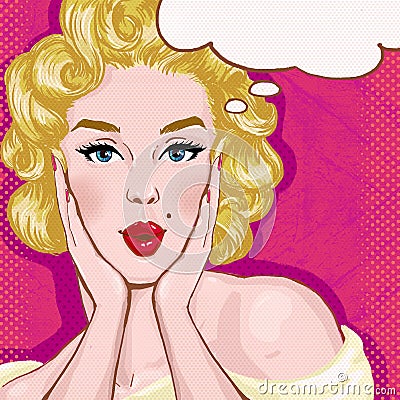 Pop Art illustration of blond girl with the speech bubble.Pop Art girl. Party invitation. Birthday greeting card. Cartoon Illustration