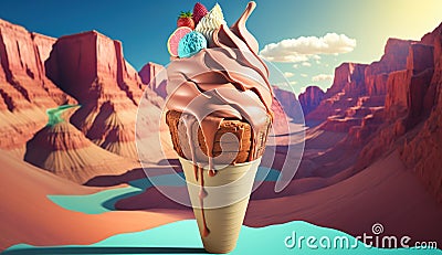A pop art illustration of a giant ice cream cone melting into the Grand Canyon, 3D rendering, Generative Ai Cartoon Illustration