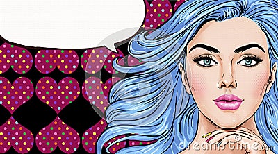 Pop Art illustration of girl with the speech bubble.Pop Art girl. Party invitation. Birthday greeting card.Hollywood movie star. Cartoon Illustration