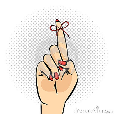 Pop art illustration of hand with the Reminder String on the finger Vector Illustration