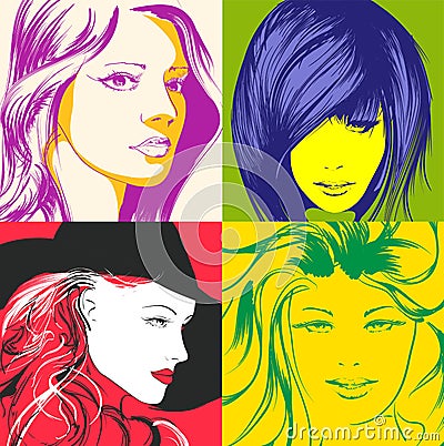 Pop art illustration. Lovely woman faces Vector Illustration