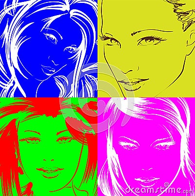 Pop art illustration. Lovely woman faces Cartoon Illustration