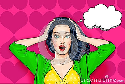 Pop Art illustration, surprised girl.Comic woman. Shocked woman on pink background. Cartoon Illustration